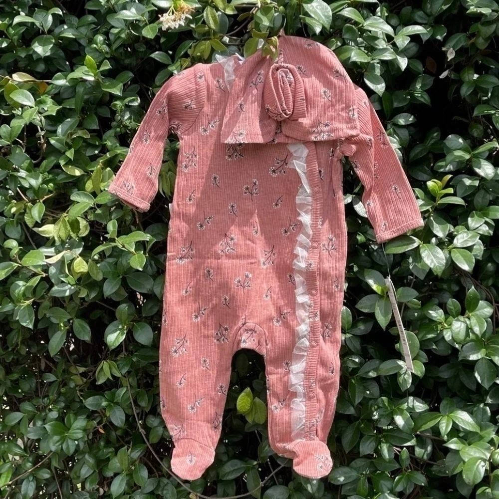NWT NICOLE Miller Rose Tulle Detail Footie 2 Piece Set NB Girl